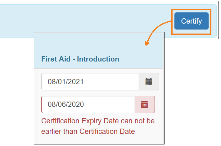Screenshot of the error message displayed when Expiry Date is set to an earlier date than the Certification Date.