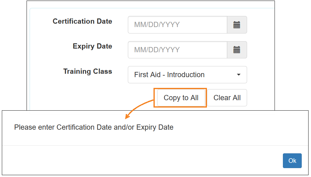 Screenshot of the Copy to All option in the  Certify Trainee(s) page.