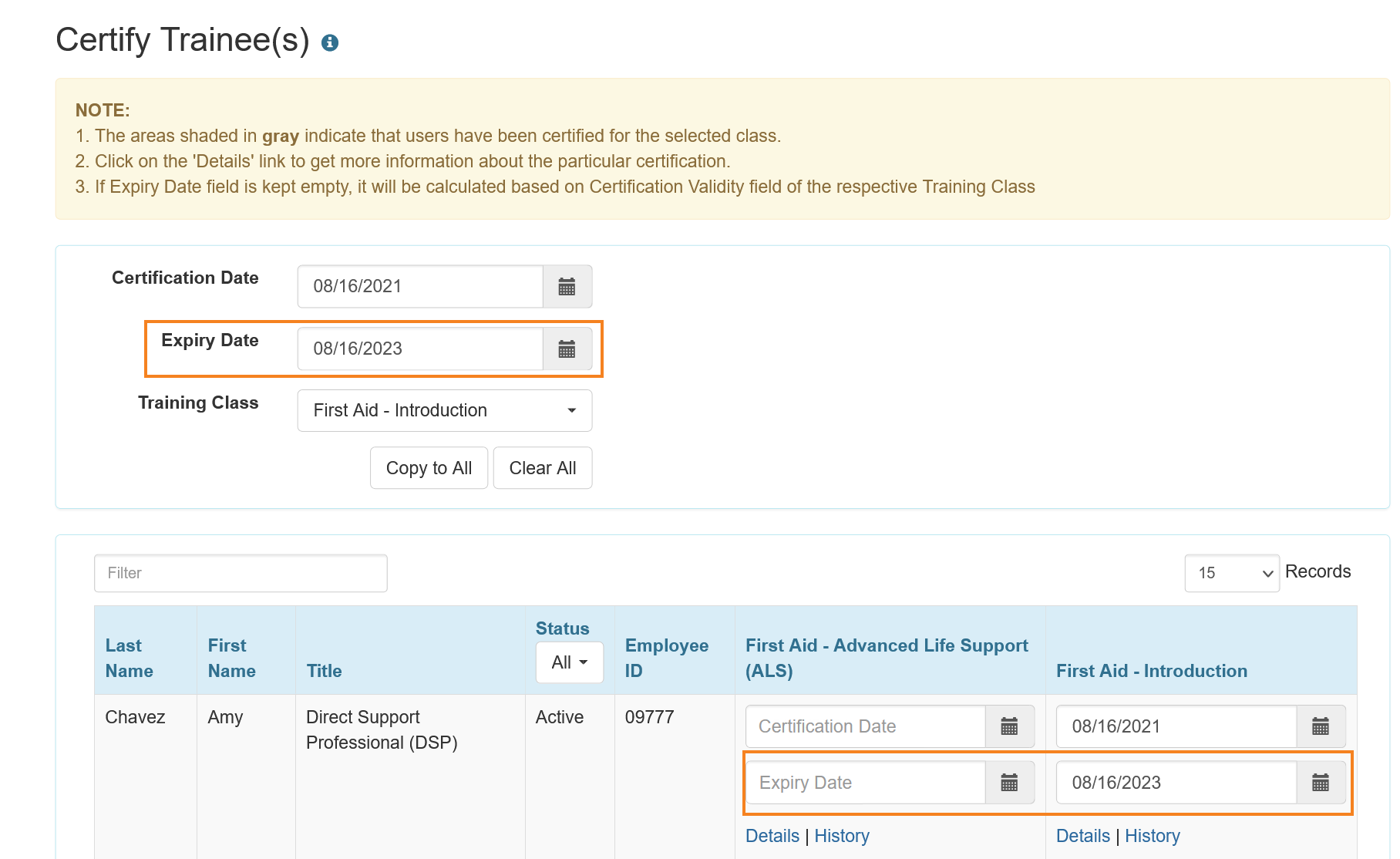 Screenshot of Certify Trainee(s) page with Expiry Date field highlighted.