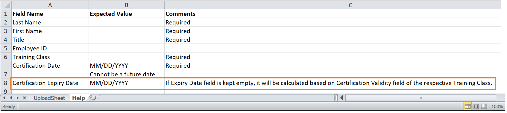Screenshot of Help tab in the Excel template file for importing certificates.