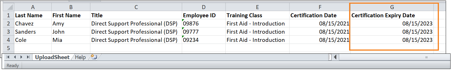 Screenshot of UploadSheet tab in the Excel template file for importing certificates.