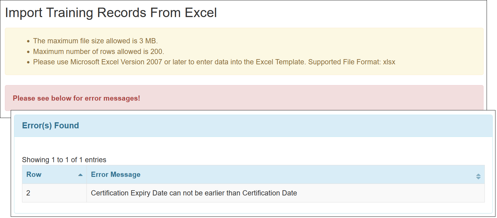 Screenshot of error message in Import Training Records from Excel form.