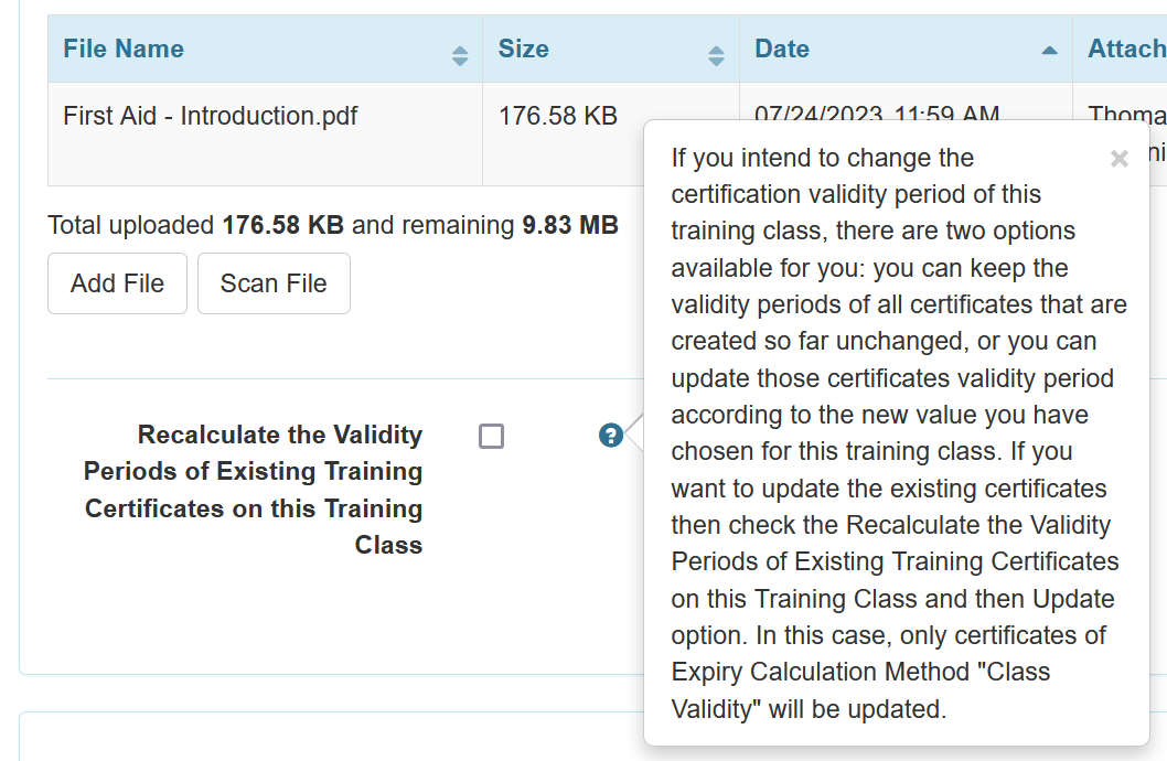 Screenshot of the note regarding recalculation of existing Training Certificates Validity Period.