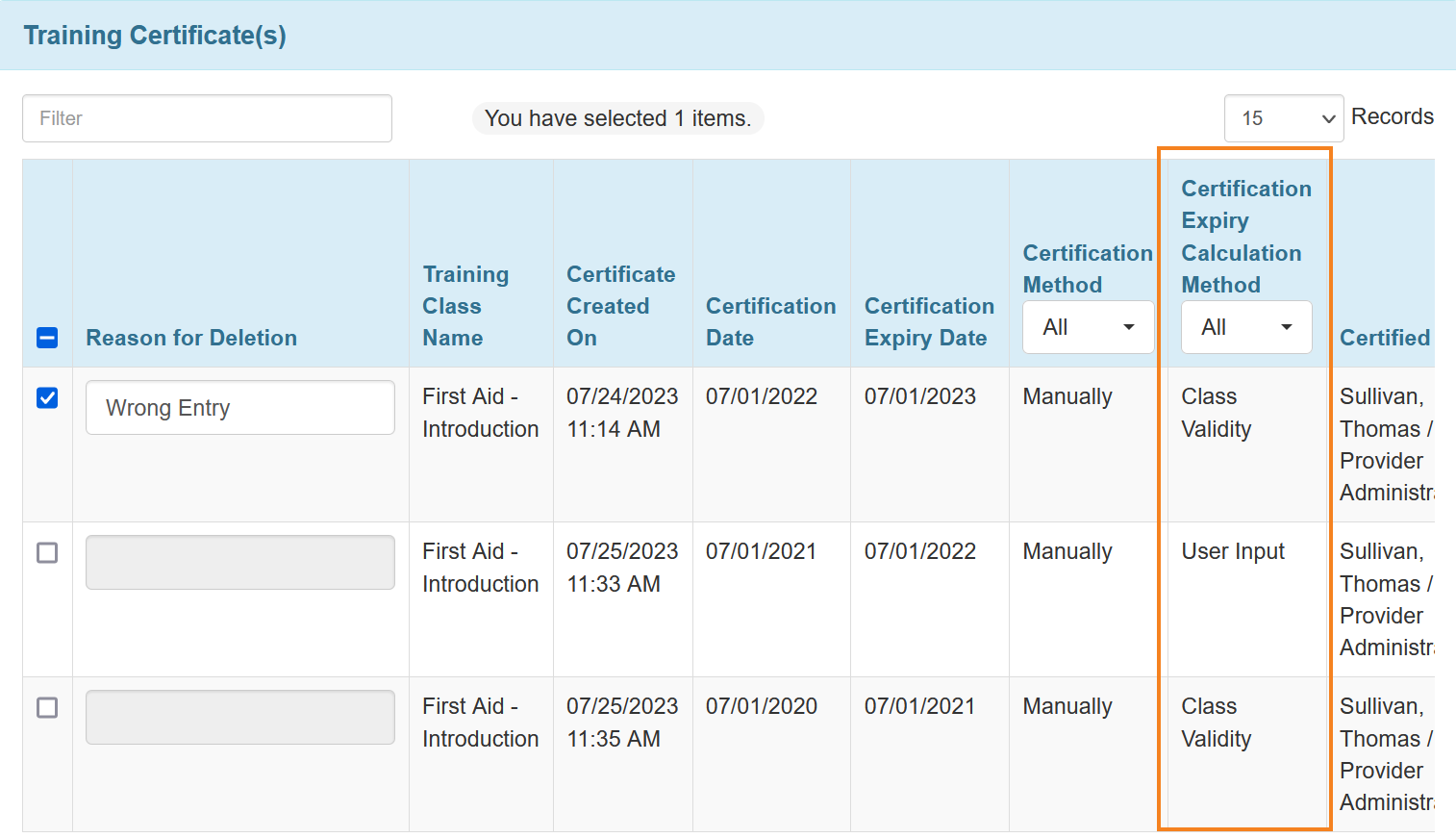 Screenshot of Training Certificate(s) section of the Delete Certification Record(s) form.