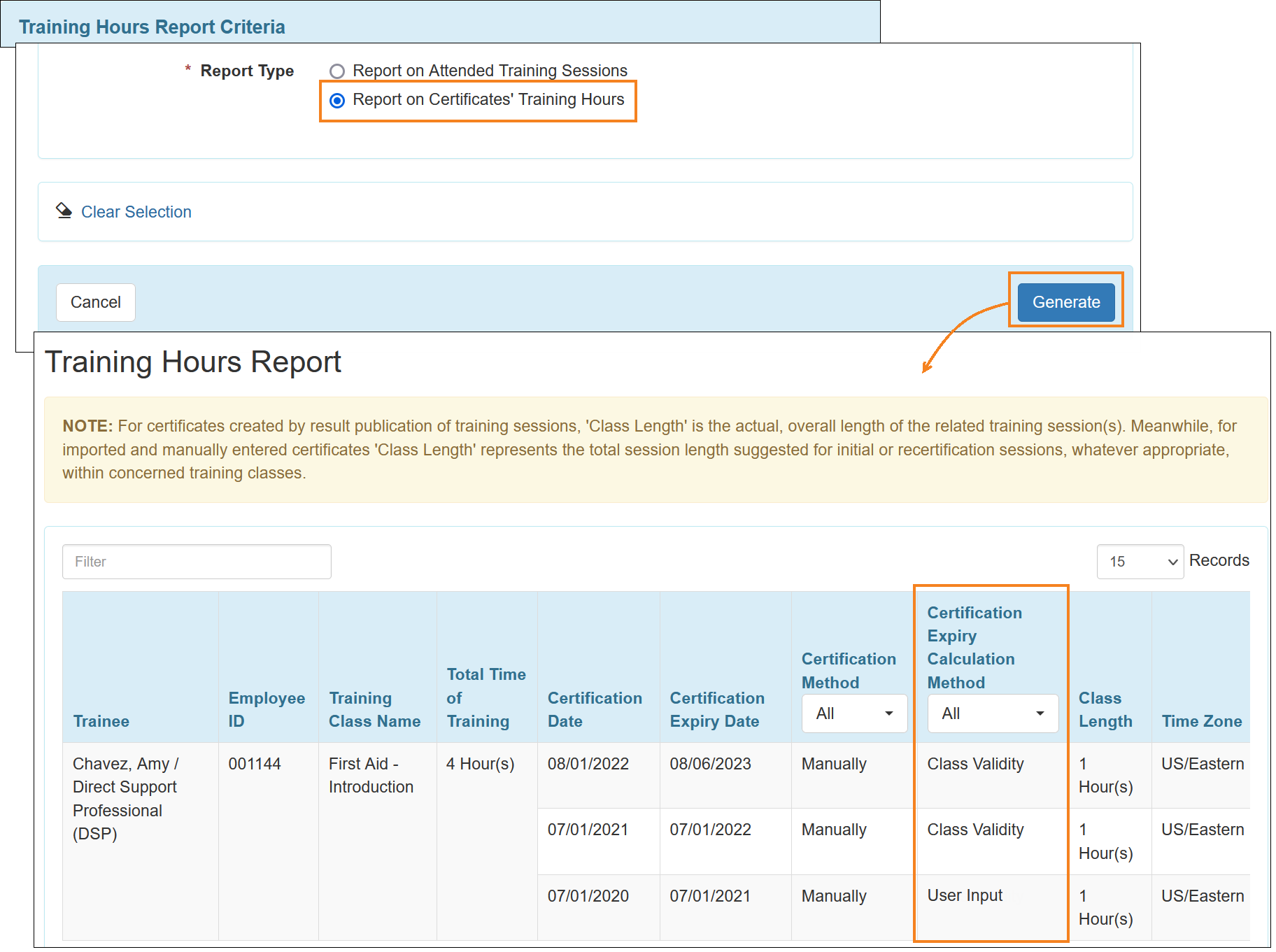 Screenshot of Training Hours Report.