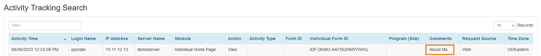 Screenshot of the Activity Tracking search result