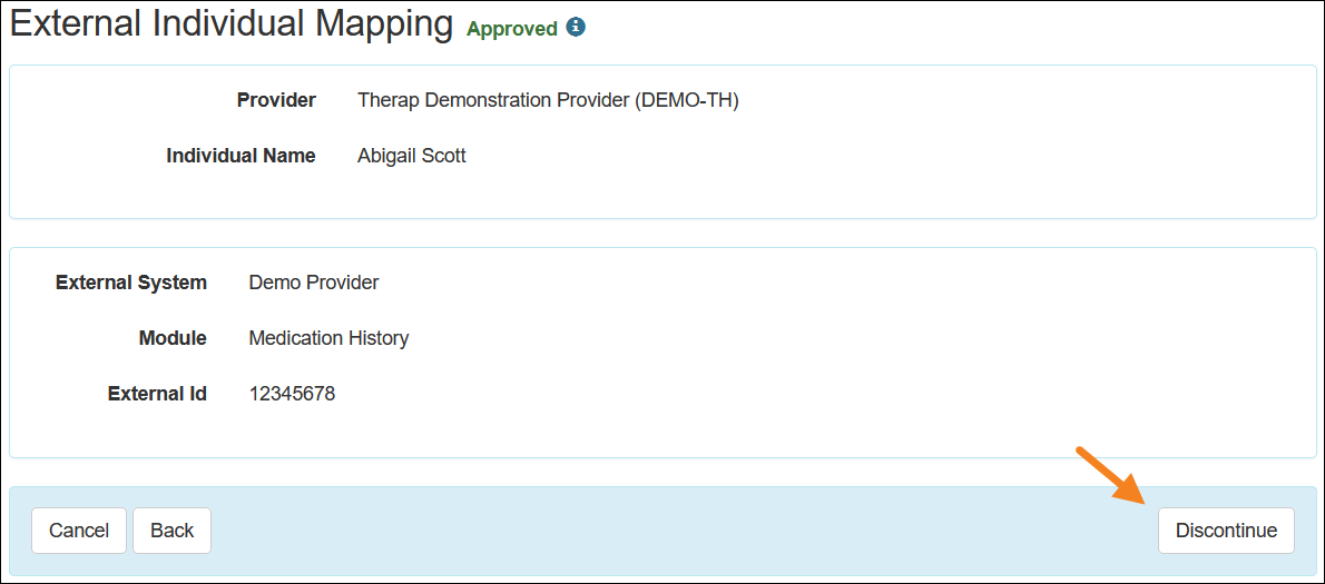 Screenshot of the Discontinue button in the Approved External Individual Mapping.