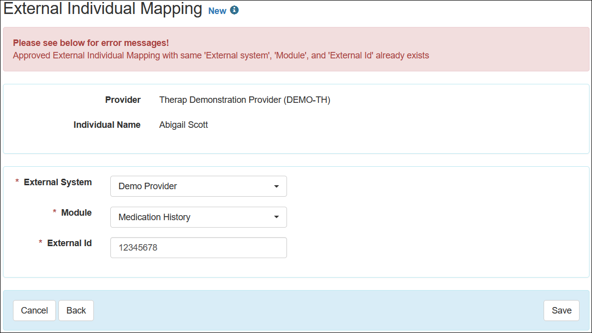 Screenshot showing error message of the Approved External Individual Mapping.