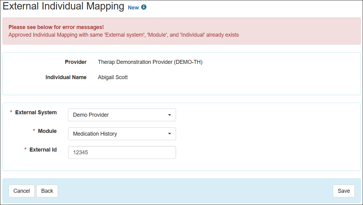 Screenshot showing error message of the Approved External Individual Mapping.