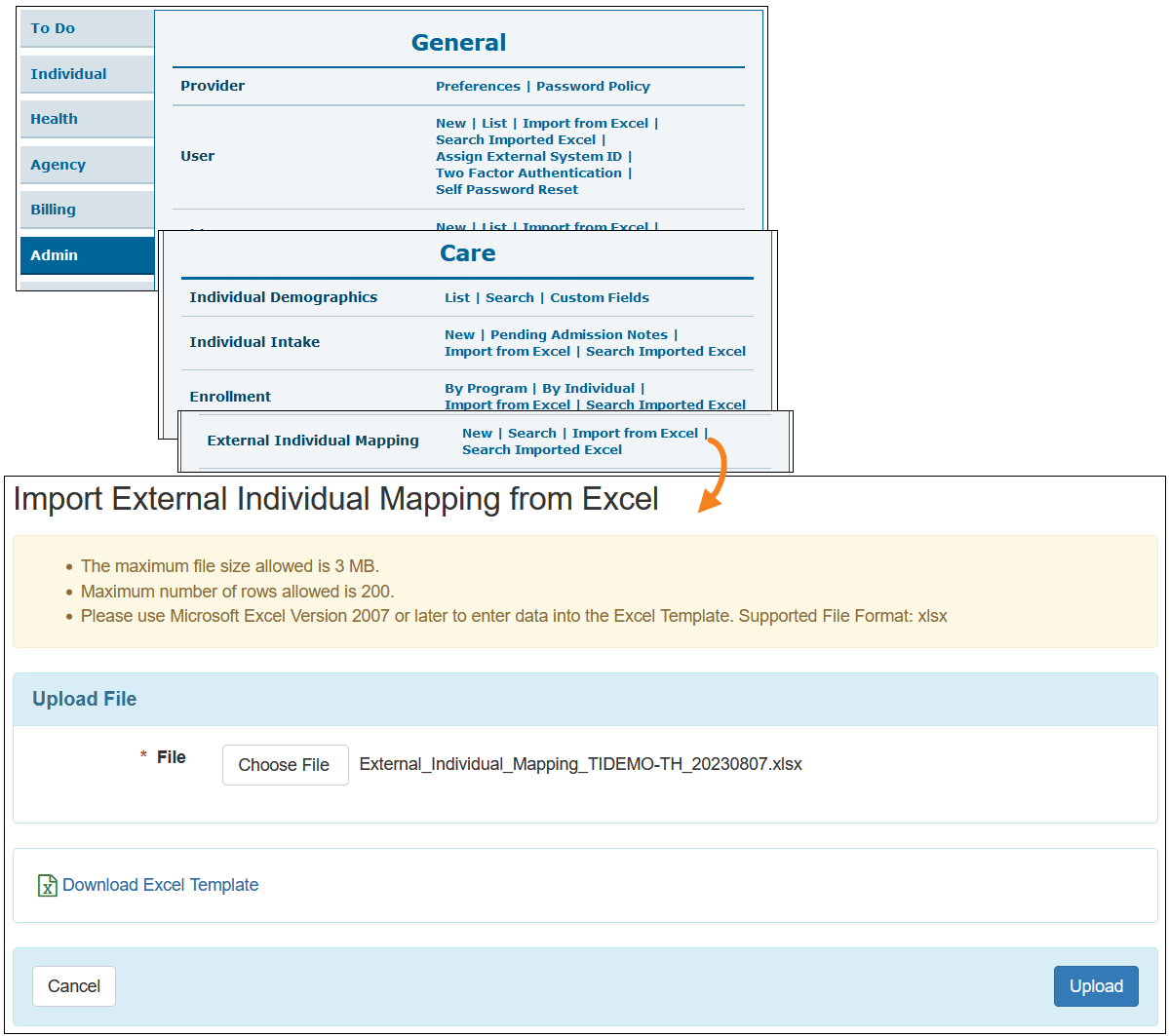 Screenshot of the External Individual Mapping from an Excel file using the Import from Excel link
