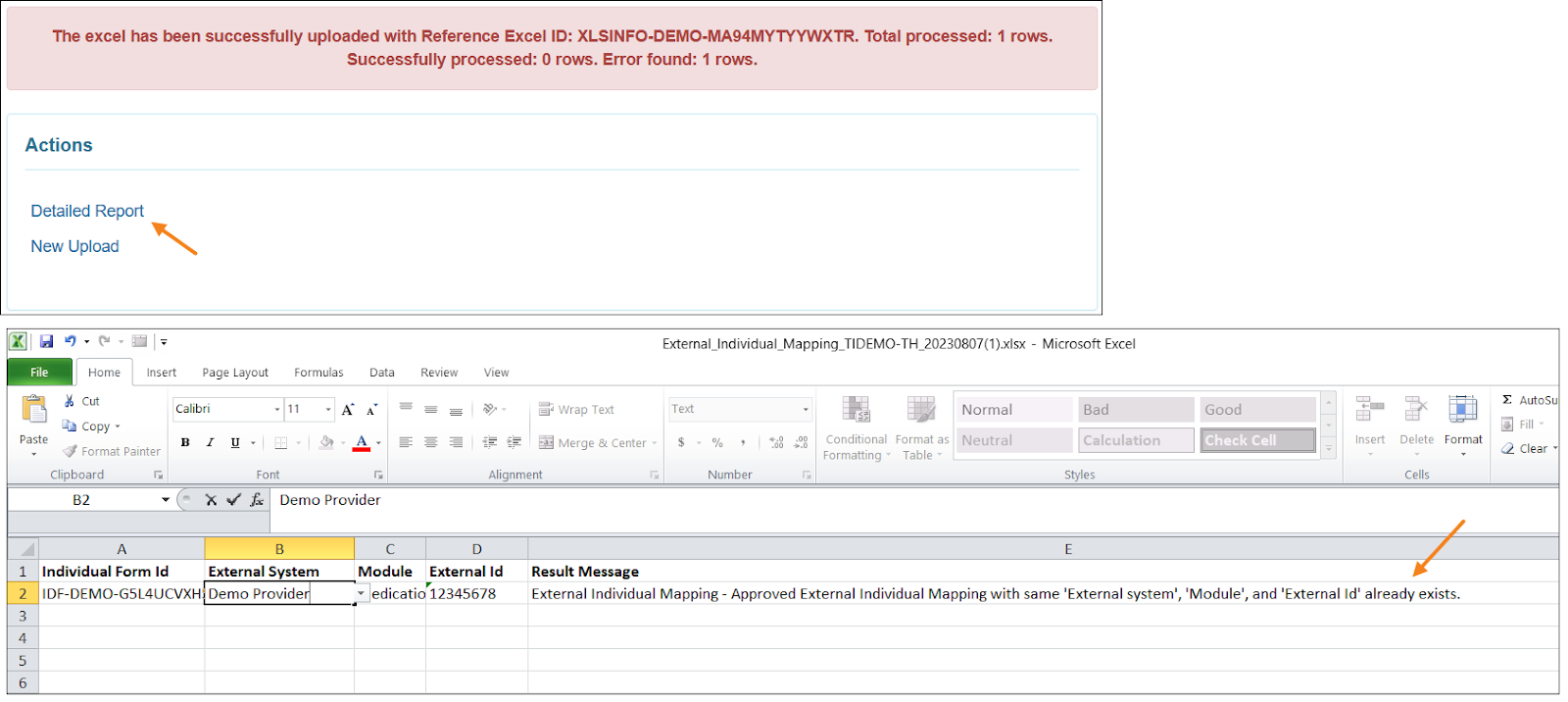 Screenshot showing error message on the Detailed Report Excel file.