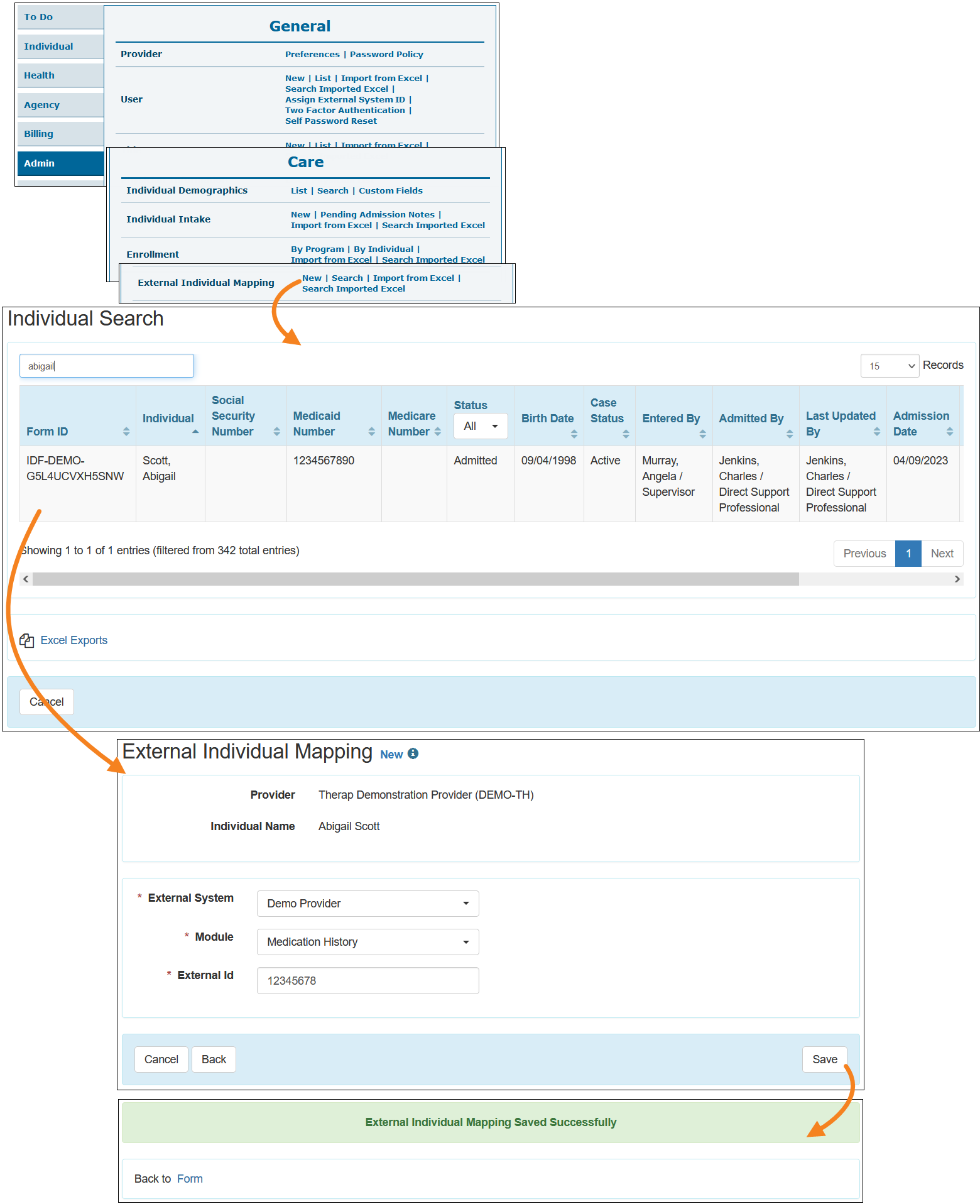 Screenshot of the External Individual Mapping row in the ‘Care’ section of the Admin tab