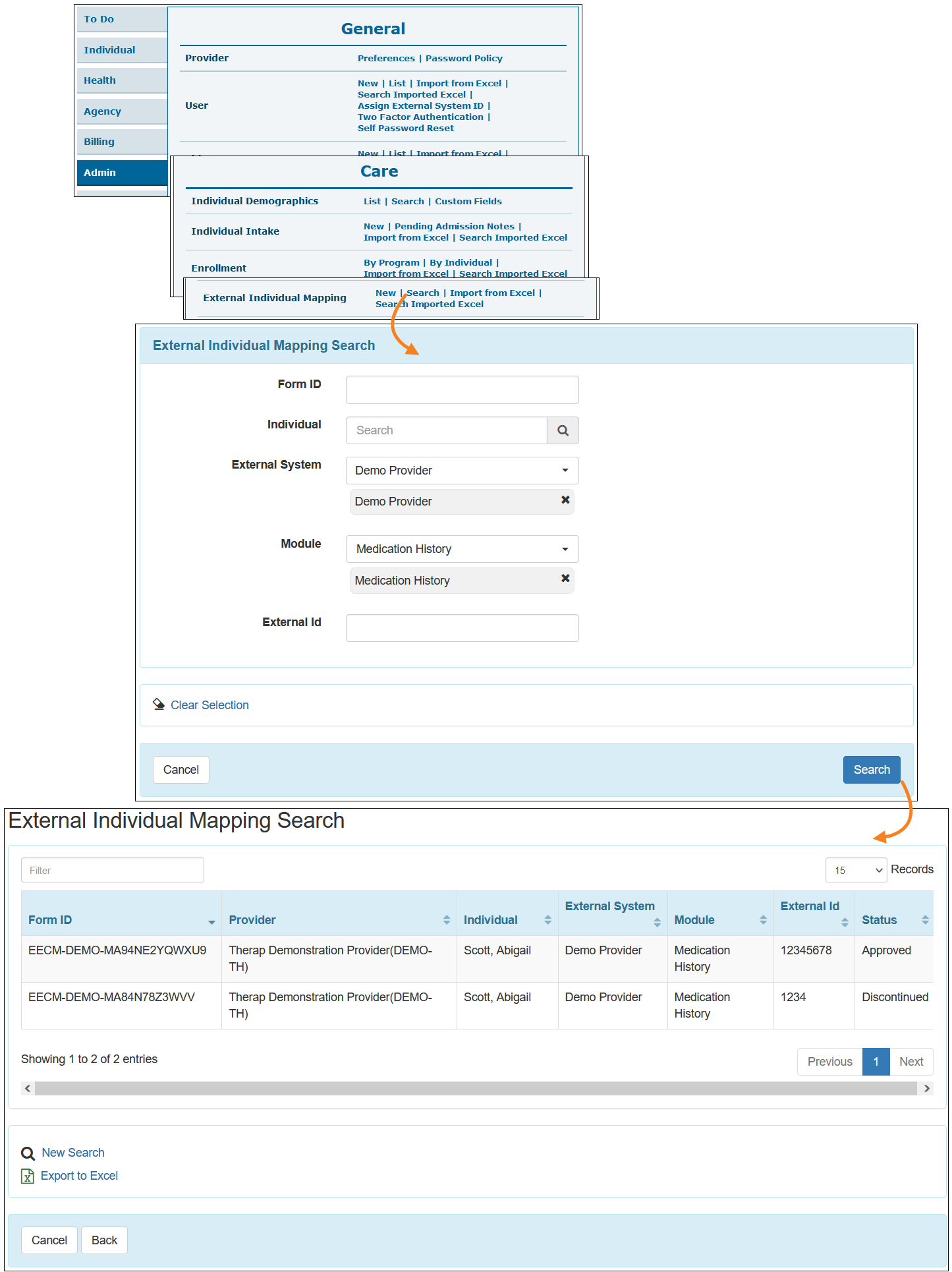 Screenshot of the Approved and Discontinued External Individual Mapping using the Search link