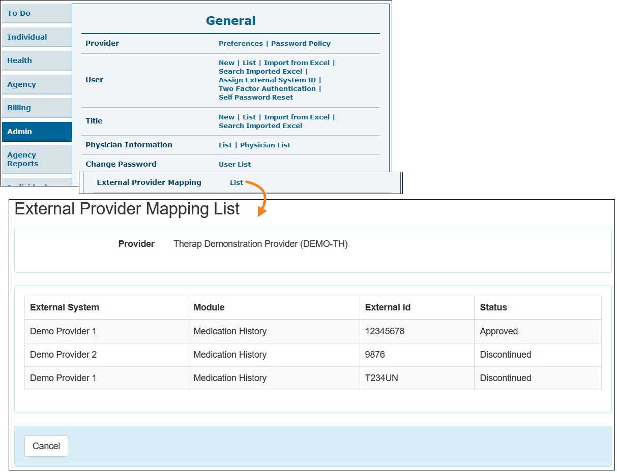 Screenshot of the External Provider Mapping row in the ‘General’ section of the Admin tab. Using this option, users can view the External Provider Mapping List.
