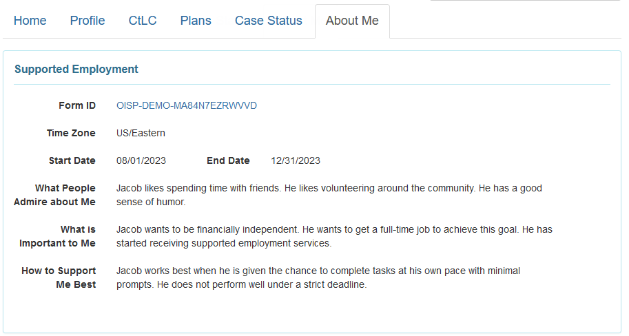 Screenshot of the About Me tab of IHP