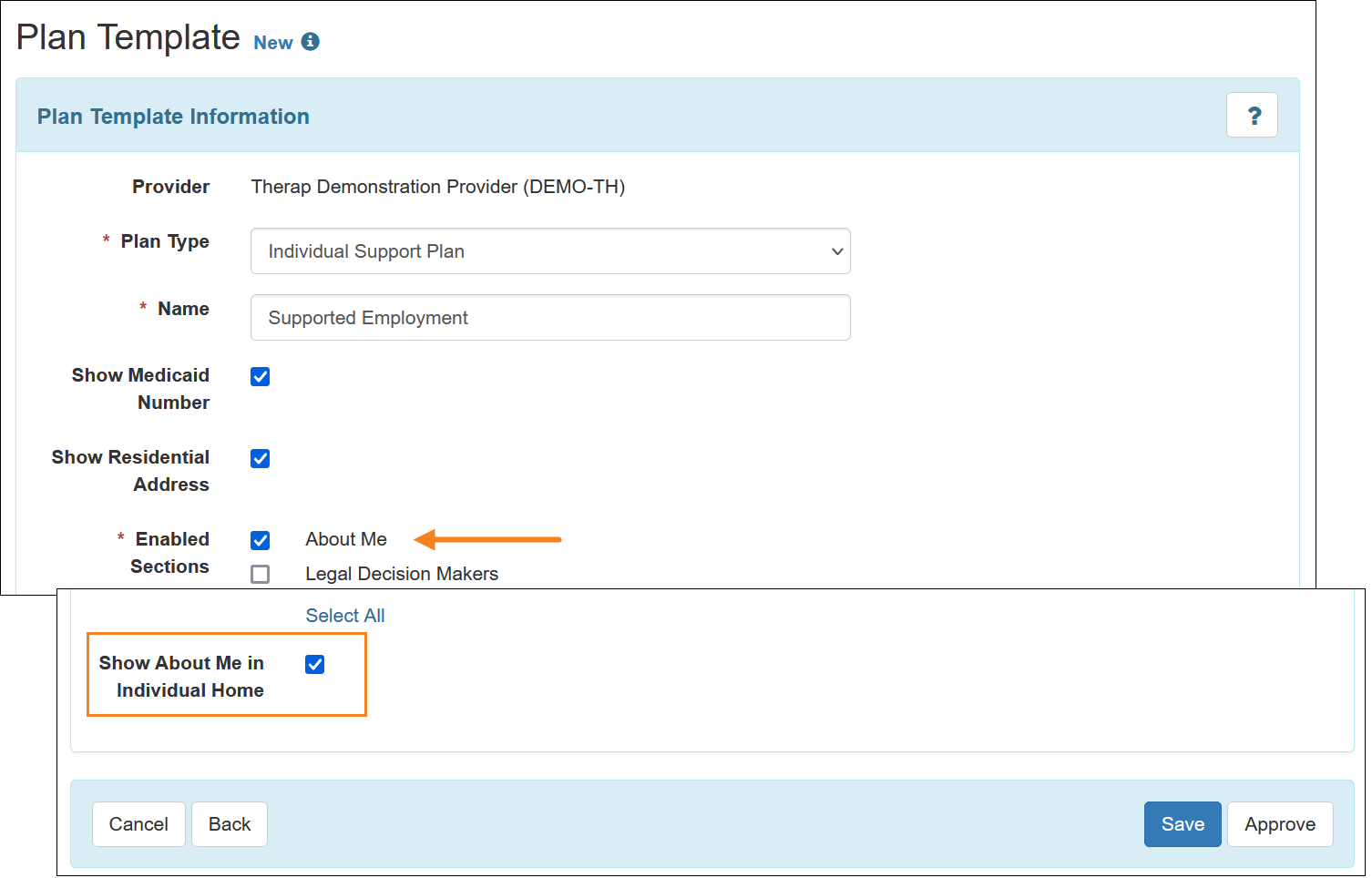 Screenshot of the Show About Me in Individual Home checkbox on a Plan Template