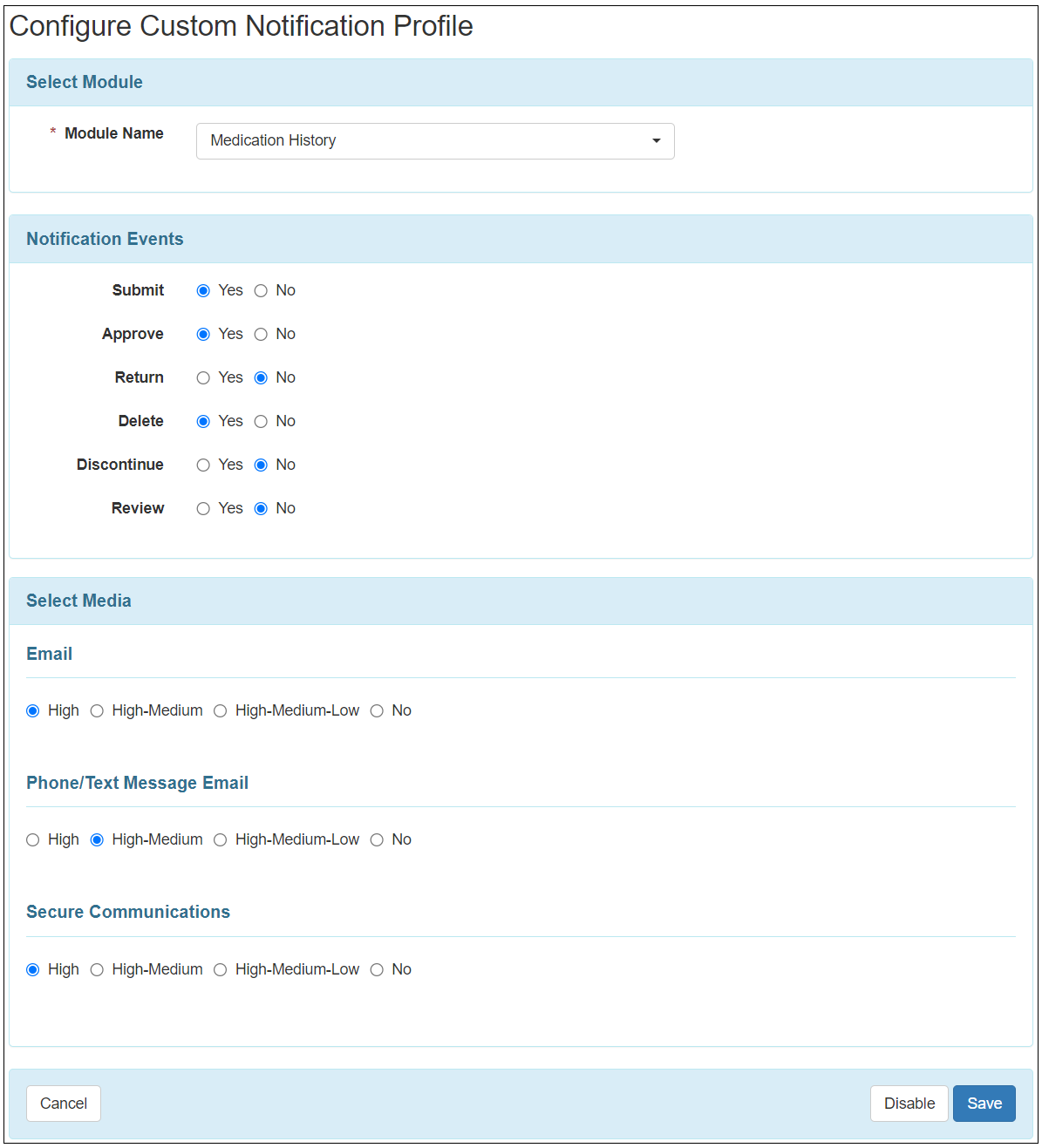 Screenshot of the 'Configure Custom Notification Profile' page.