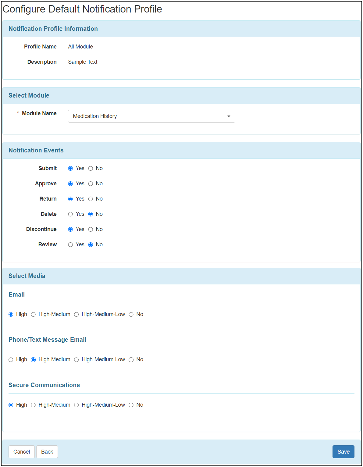 Screenshot of the 'Configure Default Notification Profile' page.