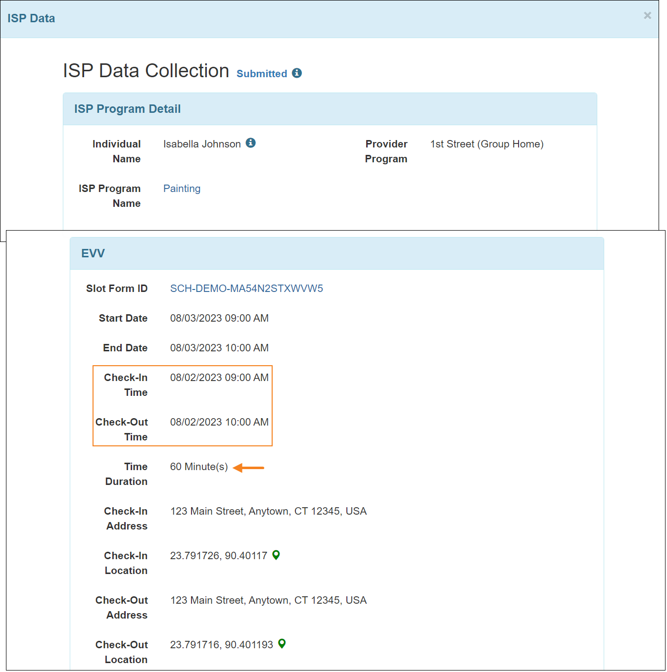 Screenshot of the ISP Data Collection page with the Time Duration field
