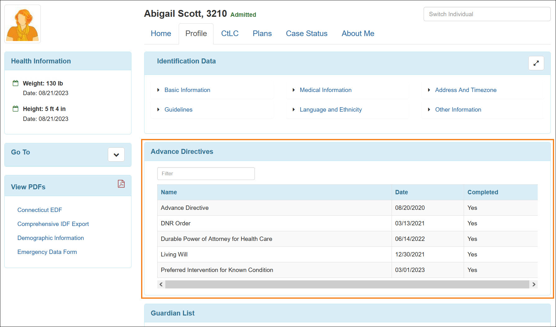 Screenshot showing the Individual Home Page Advanced Directive section.