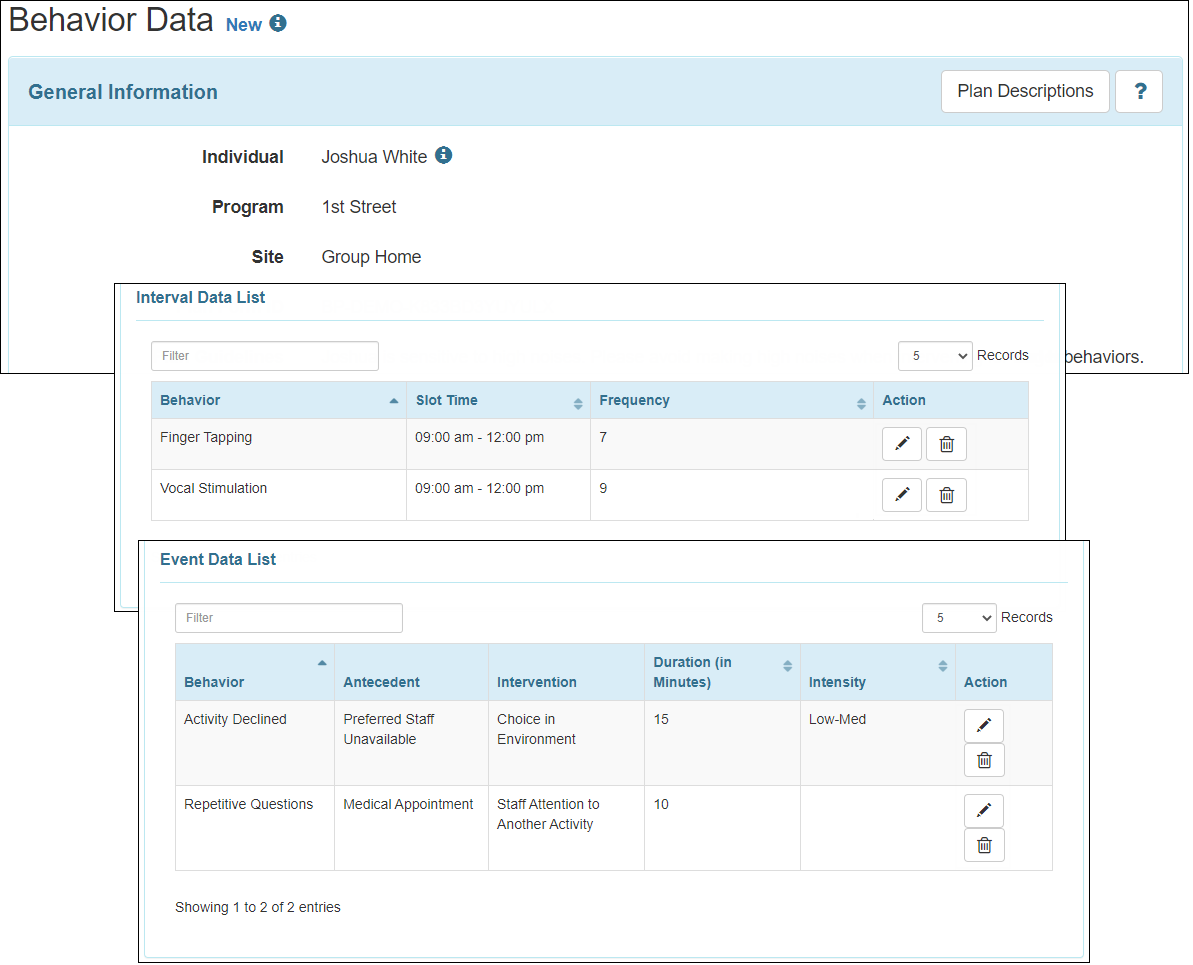 Screenshot showing the rows for Interval Data List and Event Data List
