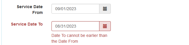 Screenshot of the Service Date range error message on a Service Support form