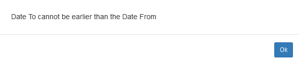 Screenshot of the Service Date range popup error message on a Service Support form