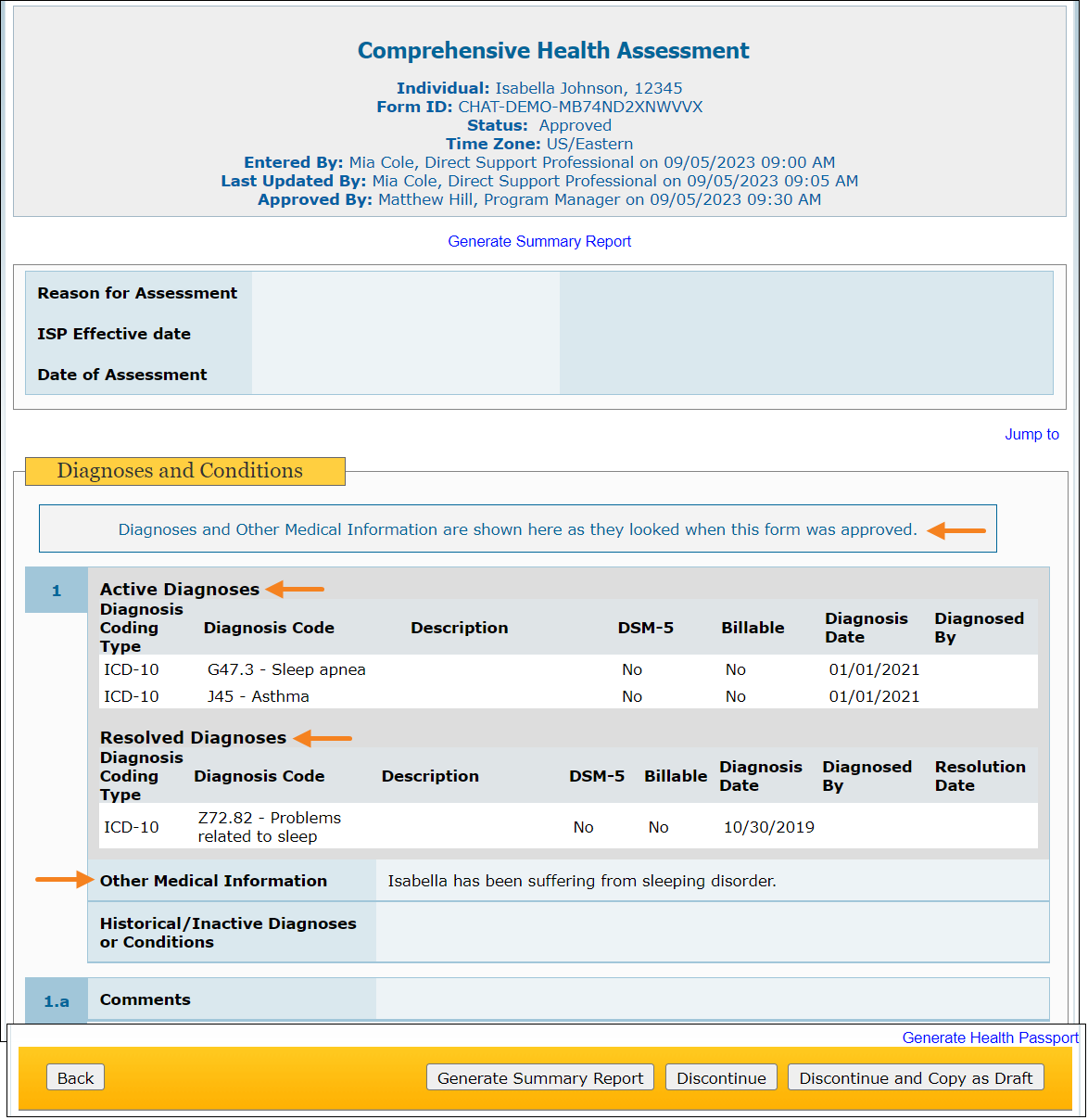 Screenshot of the eCHAT form highlighting the newly added message and different fields in the Diagnoses and Conditions section