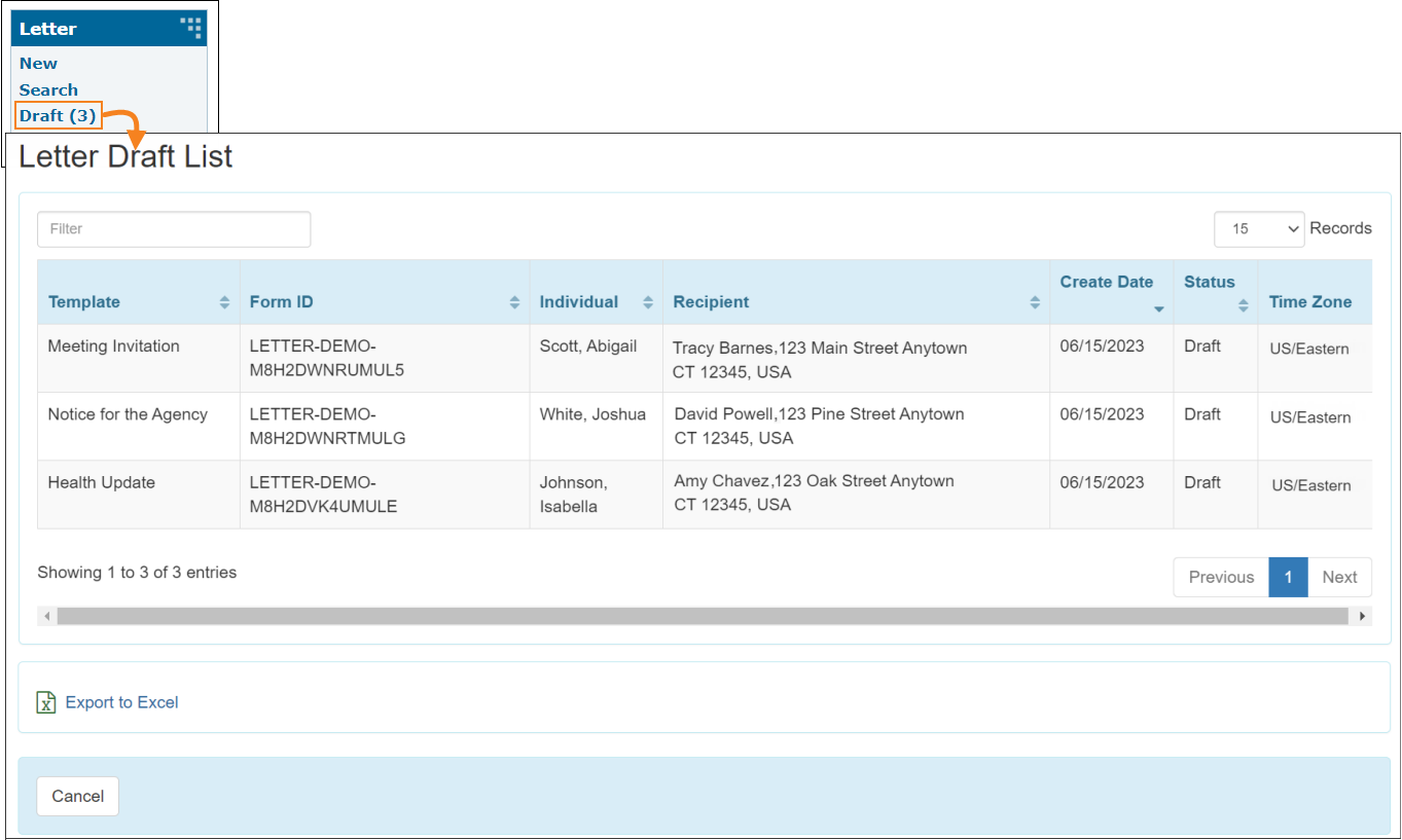Screenshot showing Letter search result for Draft status