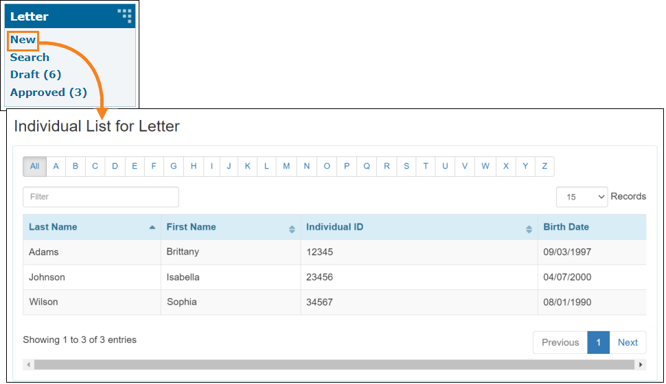 Screenshot showing the Individual List for creating letter