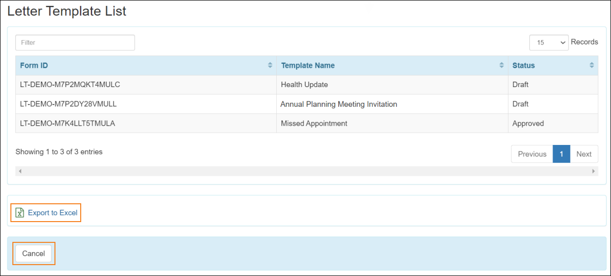Screenshot showing the Letter Template list page