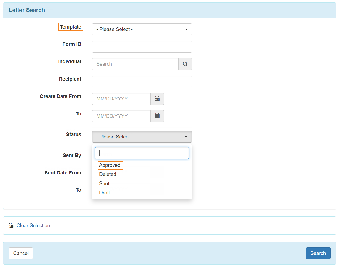 Screenshot showing Letter Search page