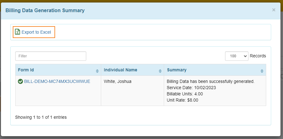 Screenshot of the Billing Data Generation Summary window