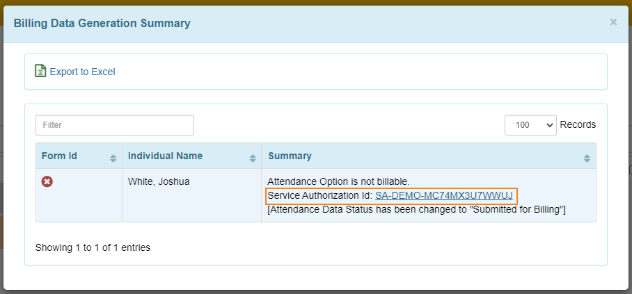 Screenshot of the reason when Billing Data failed to generate.