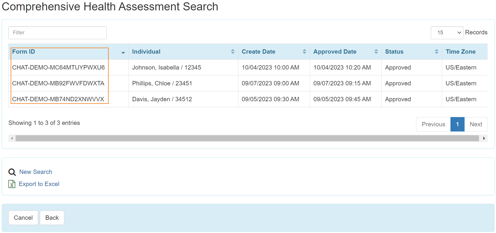 Screenshot of the Comprehensive Health Assessment Search results page highlighting the Form ID column