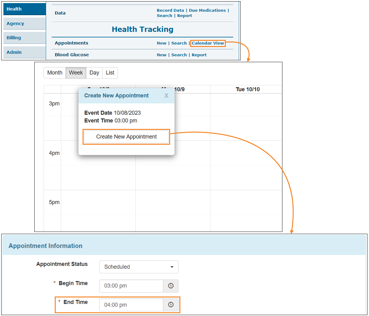 Screenshot showing the Create New Appointment option on the Appointment Calendar View page.
