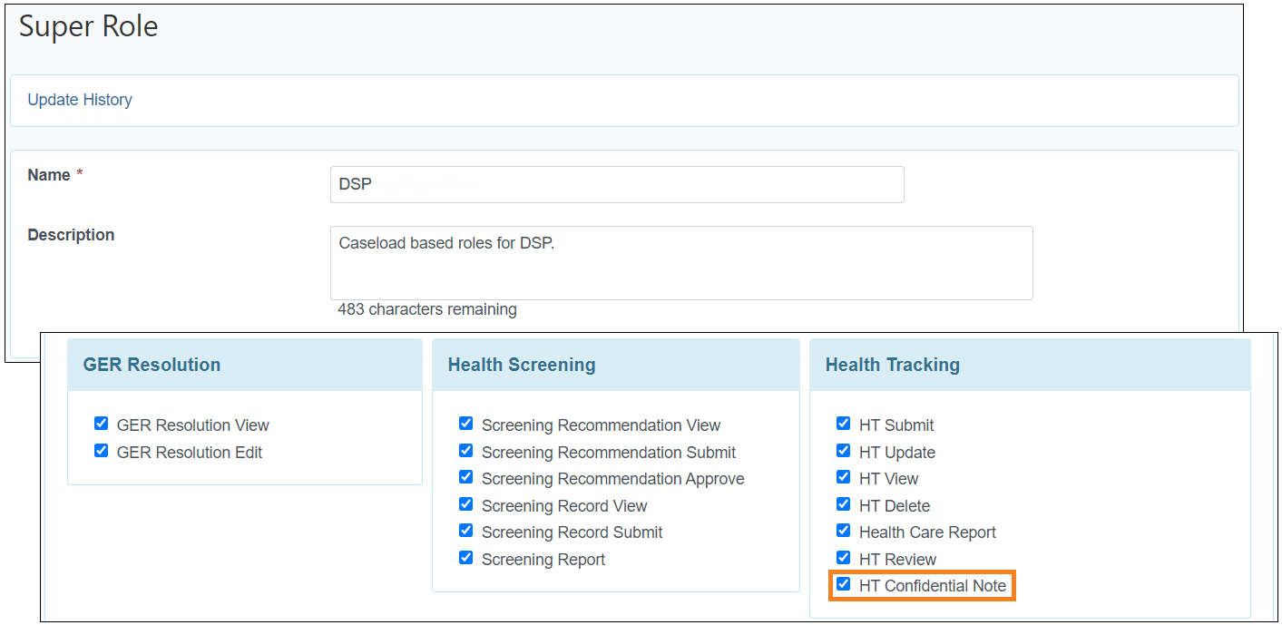 Screenshot showing the HT Confidential Note caseload-based role.