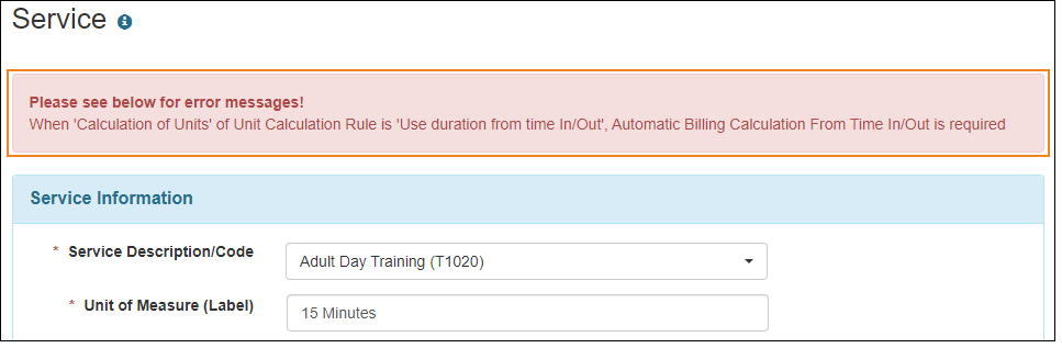Screenshot showing the validation message for the Service form of Service Authorization.