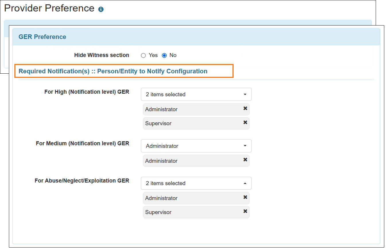 Screenshot showing the Provider Prefernce Configuration page ‘GER Preference’ section