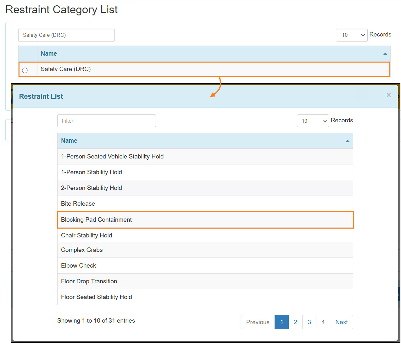 Screenshot showing the Restraint Category List for Safety Care (DRC)