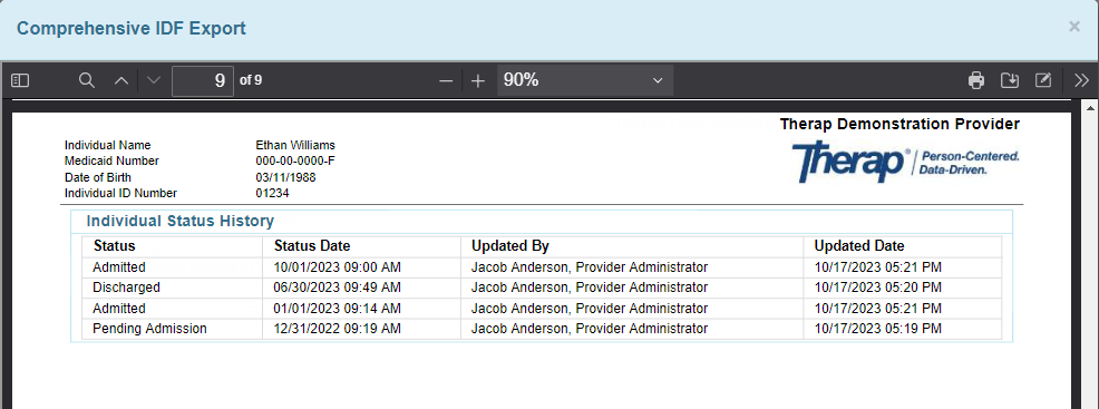 Screenshot showing Individual Status History section on an IDF PDF export.