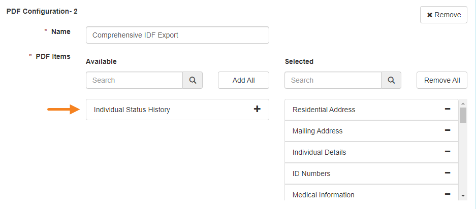 Screenshot showing Individual Status History PDF Item of a PDF Configuration of the IDF Provider Configuration form.
