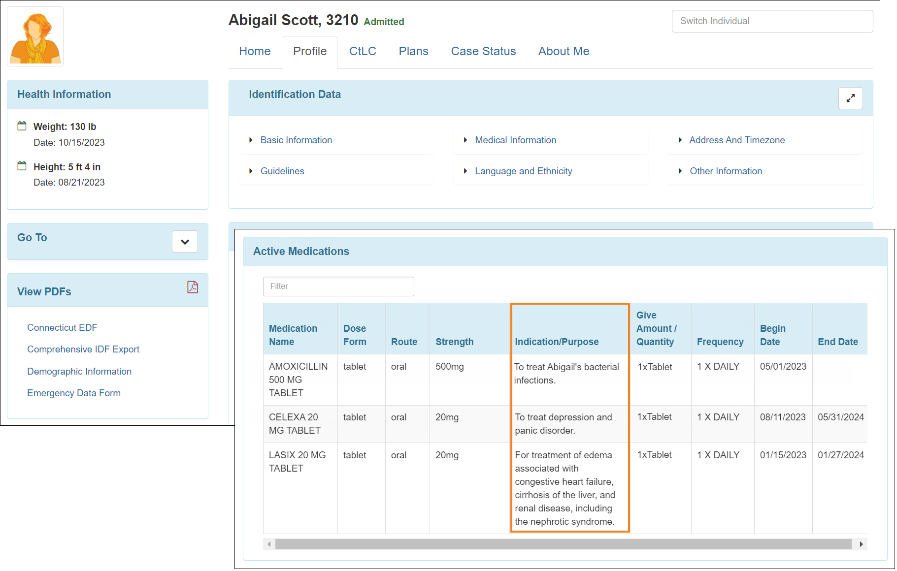 Screenshot showing the Active Medications section.