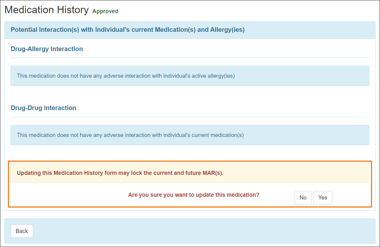 Screenshot showing the MH form updating warning message.