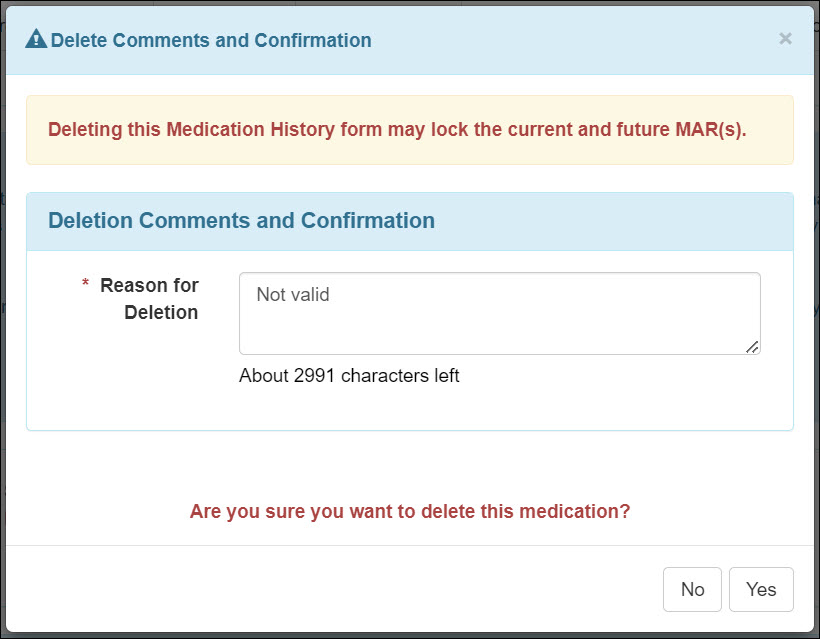 Screenshot showing the MH form deletion warning.