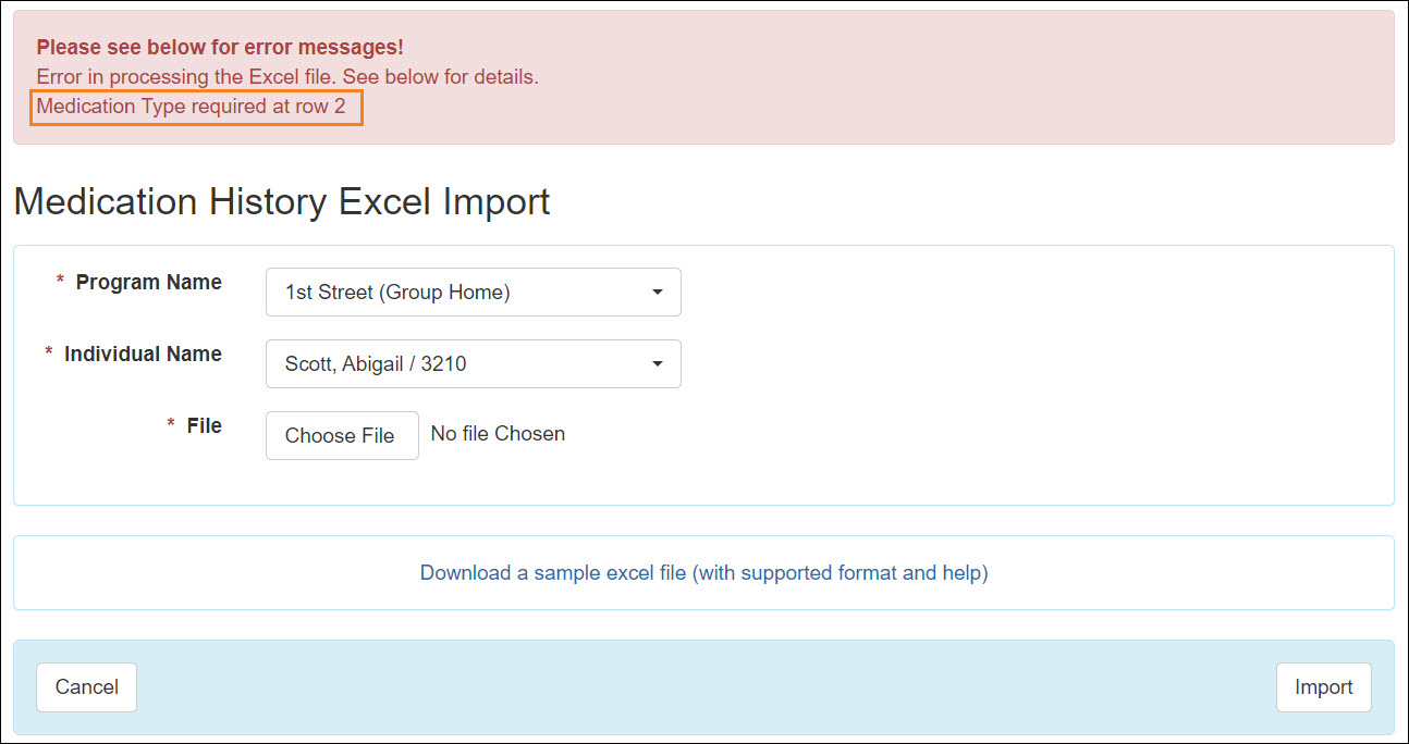 Screenshot showing the MH excel import error.