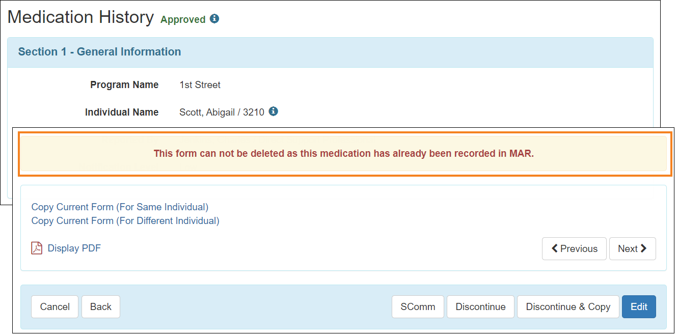Screenshot showing the Warning Message for approved MH forms.