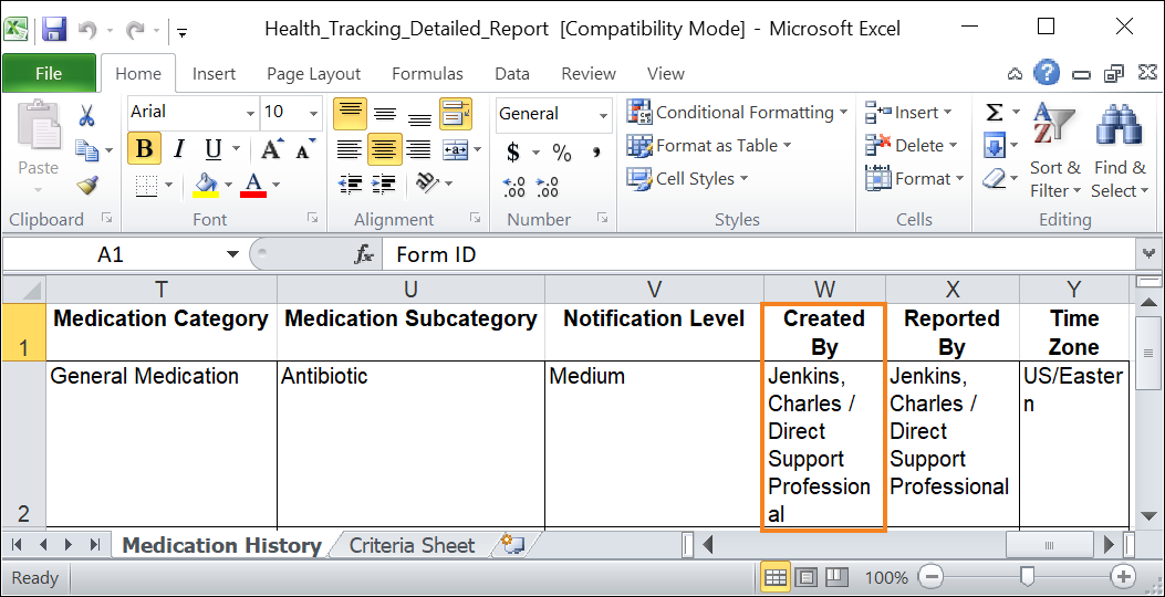 Screenshot showing the MH Detailed report excel sheet.