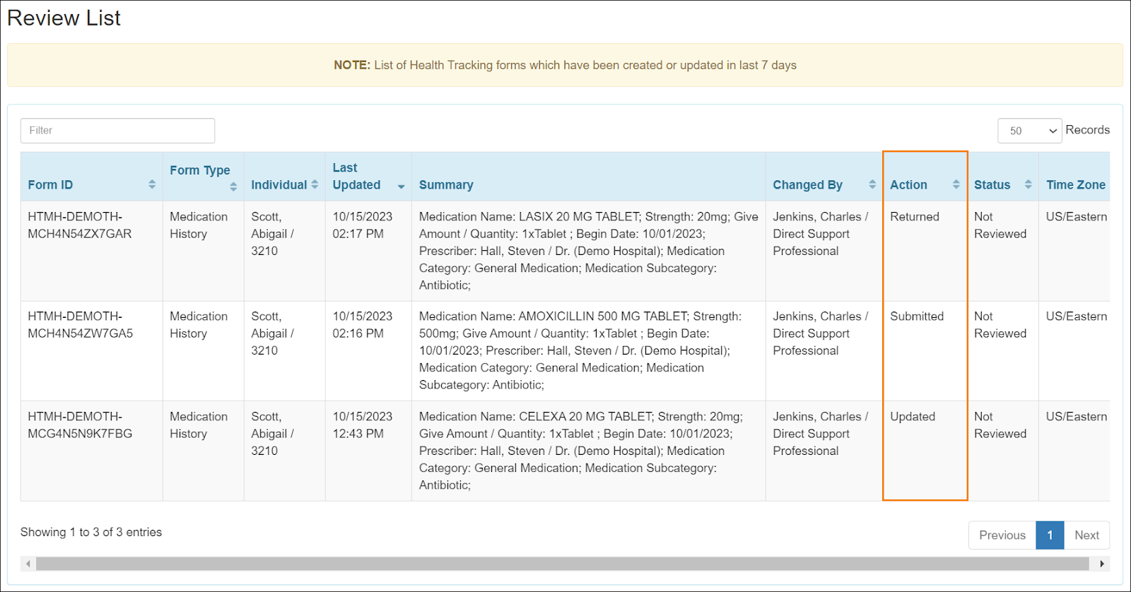 Screenshot showing the HT review list for MH.