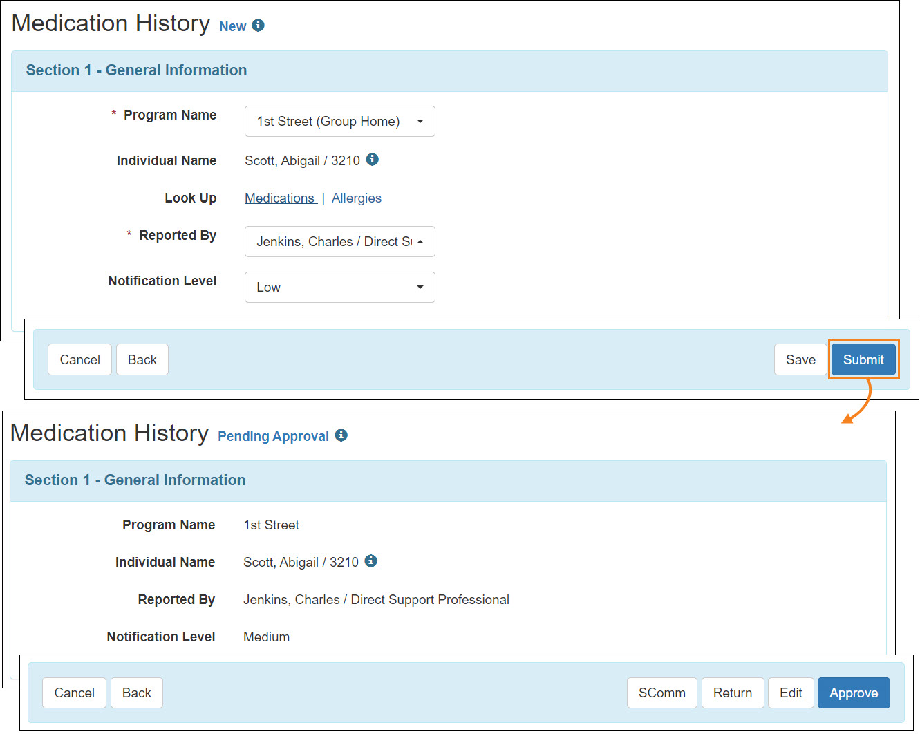 Screenshot showing the new to pending approval workflow.